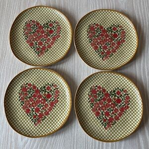NIB Anthropologie Annie Stoneware Floral Heart Gingham Dessert Plate Set of 4